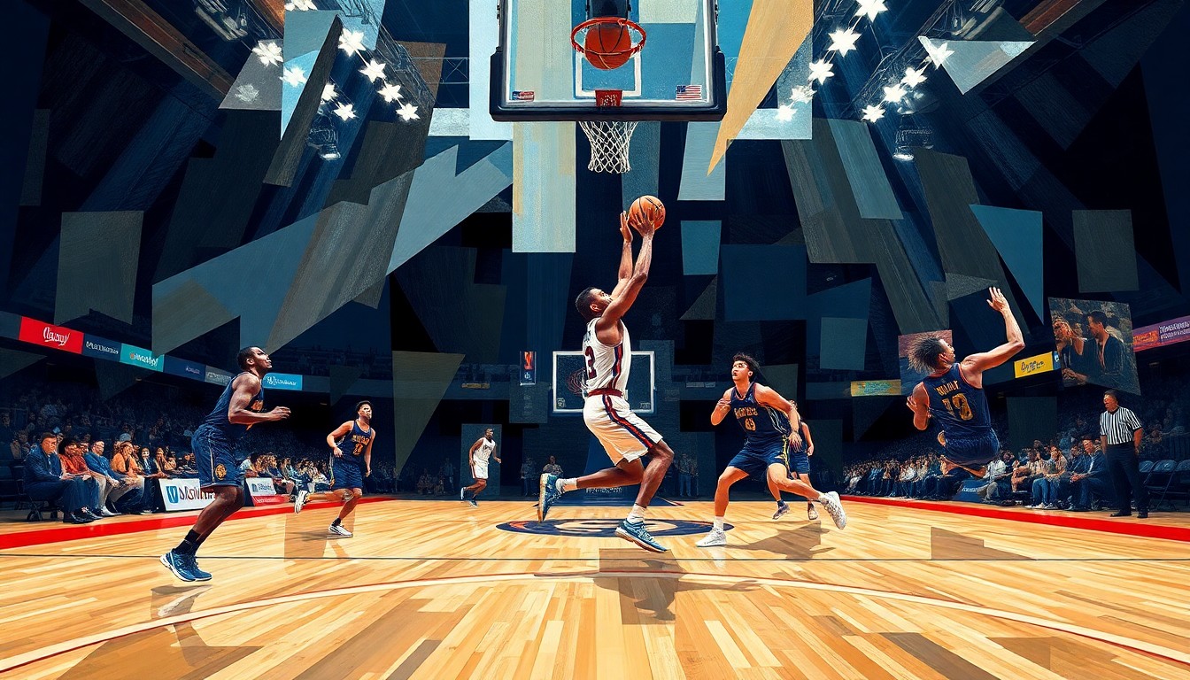 A cubist-style painting depicting a basketball game or match, with the players and court broken down into sharp, overlapping geometric shapes and planes, capturing the dynamic motion and energy of the sport.