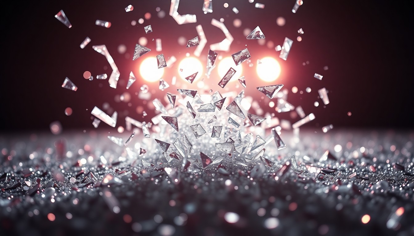 An abstract close-up photograph featuring shattered glass and glittering sequins in high-contrast studio lighting, conceptually representing the glamour and drama of celebrity dating.