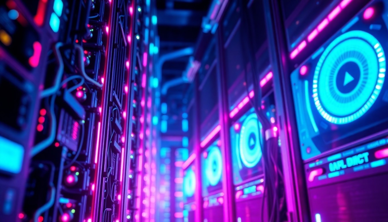 A highly detailed, glowing 3D macro illustration of a futuristic AI server rack, with neon cyan and magenta lights illuminating the intricate cybernetic components, conceptually representing the advanced digital infrastructure powering the future of computing.