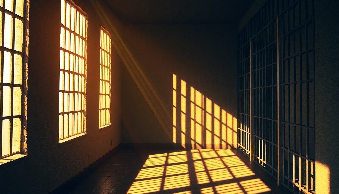 A serene, cinematic painting of an empty prison cell filled with warm, diagonal sunlight and deep shadows, conveying the lasting impact of wrongful incarceration through a contemplative, nostalgic visual metaphor.