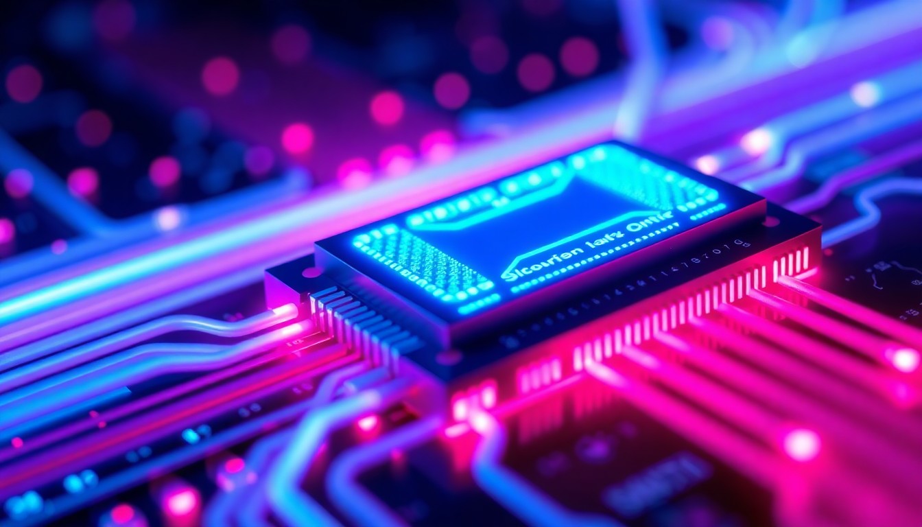 A highly detailed, glowing 3D illustration of a silicon photonics chip component, with intricate circuitry and geometric patterns illuminated by vibrant neon blue and pink lights, conceptually representing the advanced fiber optic technology transforming data center infrastructure.