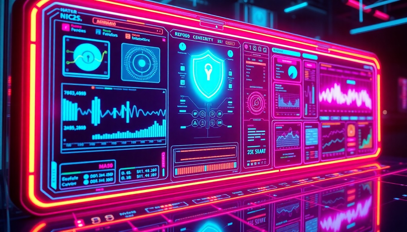 A highly detailed 3D illustration of a glowing, futuristic cybersecurity control panel or dashboard, with neon cyan and magenta lights illuminating the various components and data visualizations, conceptually representing advanced security monitoring and protection for cloud-based infrastructure and AI-powered services.