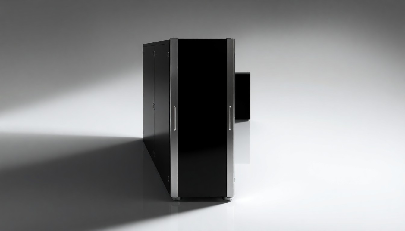 A photorealistic studio still life of a sleek, modern data center server rack made of polished stainless steel and black tempered glass, floating on a clean, monochromatic background and dramatically lit to conceptually represent the company's focus on energy-efficient data infrastructure.
