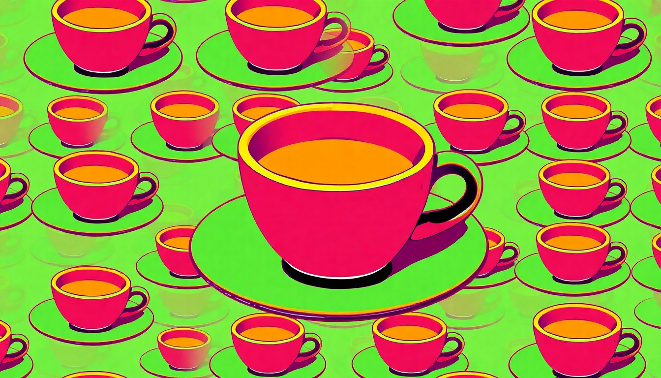A brightly colored, high-contrast silkscreen print of a single, iconic restaurant object such as a coffee cup or plate repeated in a tight grid pattern, capturing the pop art style of Andy Warhol to conceptually represent the issue of disrespectful customer behavior in the service industry.