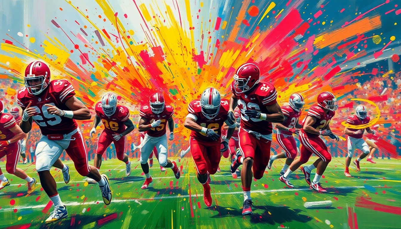 An abstract, expressionist painting in vibrant neon colors depicting the frenetic energy and movement of an Ohio State football practice, with players and equipment blending into a chaotic, energetic composition.