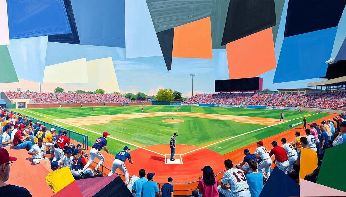 A cubist-style painting featuring overlapping geometric shapes and planes in the colors of the competing high school baseball teams, conveying the dynamic action and energy of the game.