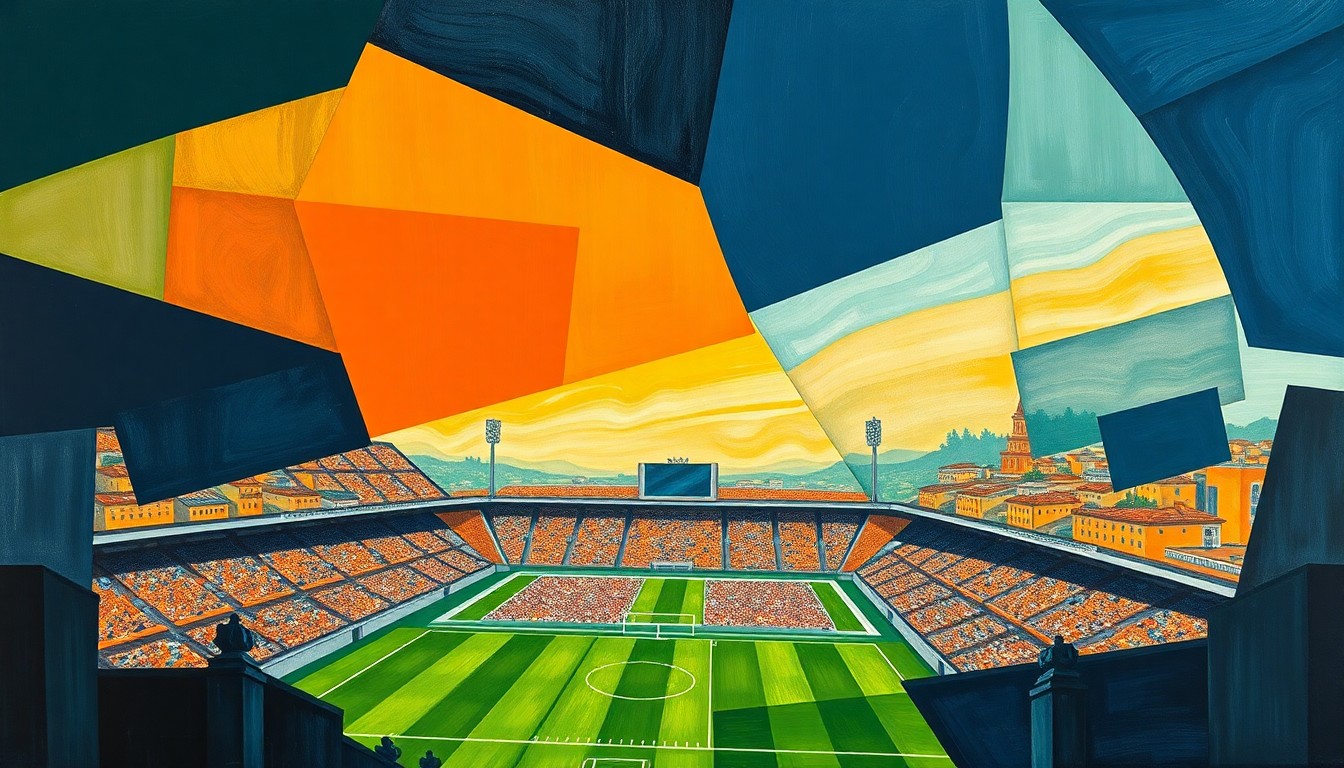 A fractured, multi-perspective painting depicting a football stadium and surrounding cityscape, broken down into sharp, overlapping geometric planes in a palette of navy blue, forest green, and burnt orange, conceptually representing the complex planning and development involved in Nashville's Super Bowl bid.