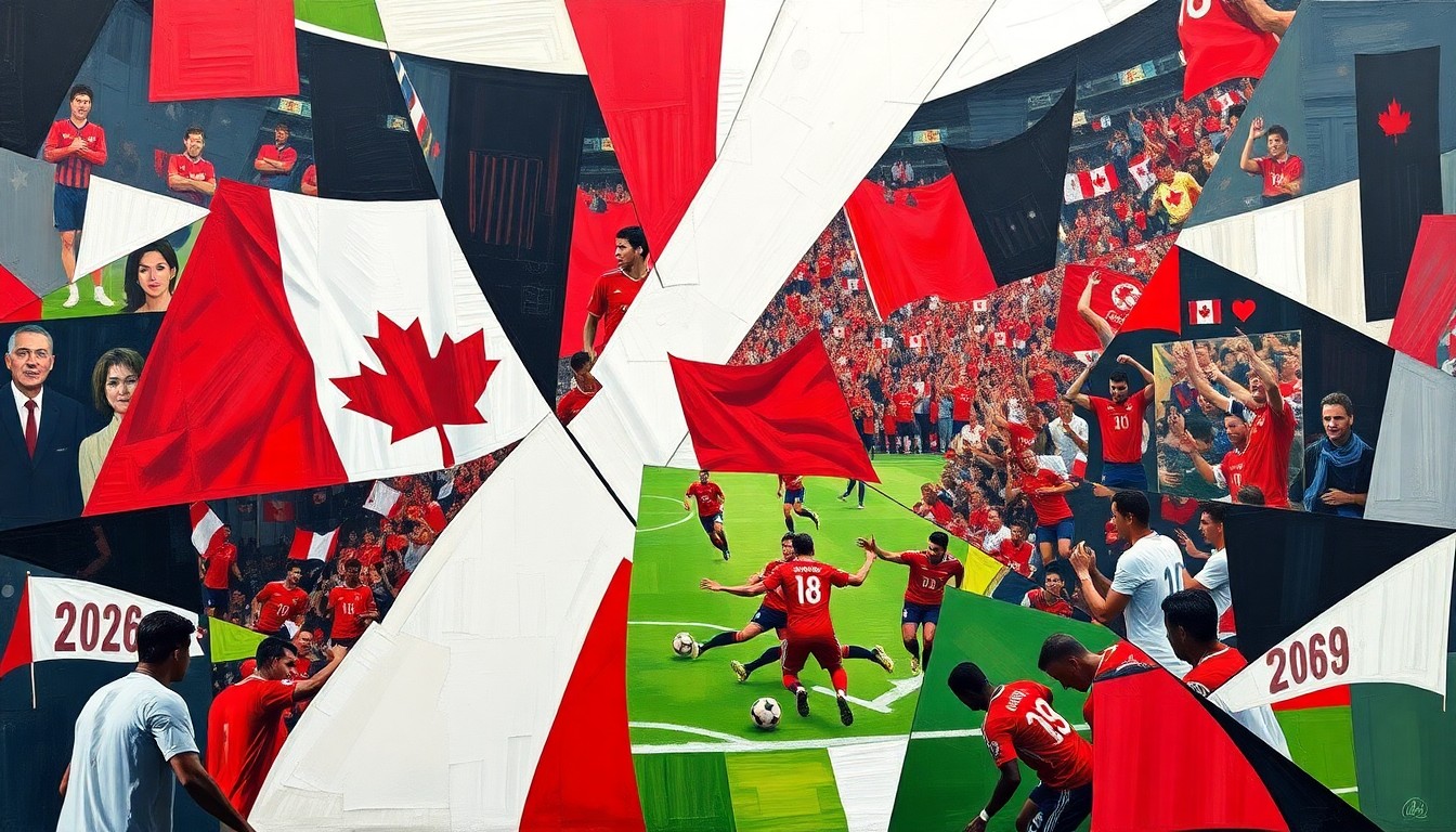A cubist, geometric painting depicting a fragmented scene of a soccer match or celebration in Vancouver, with vibrant colors and overlapping shapes representing the energy and diversity of the city during the 2026 World Cup.