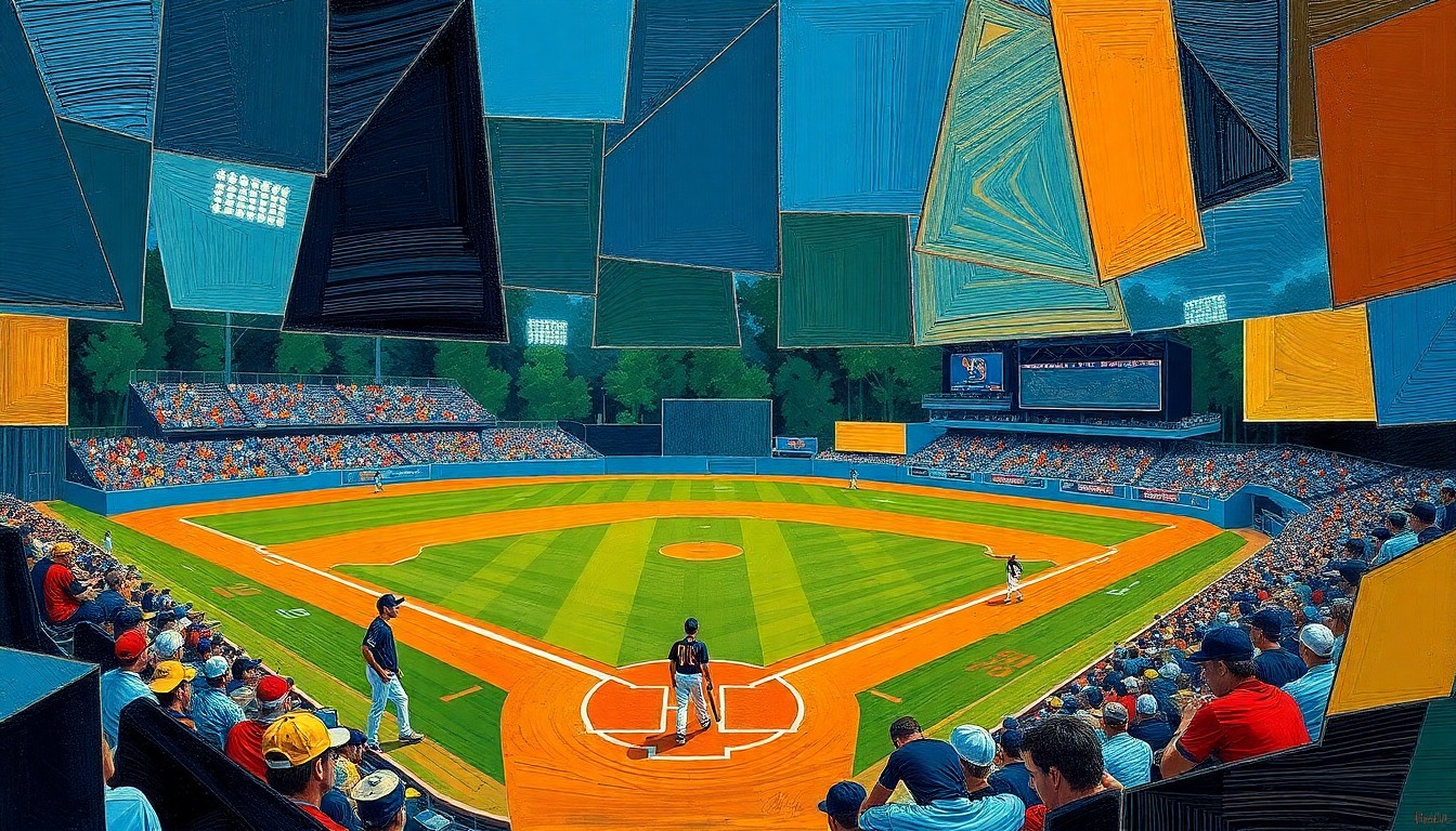 A fragmented, geometric painting in shades of blue, green, and orange, capturing the dynamic movement and multiple perspectives of a high school baseball game.
