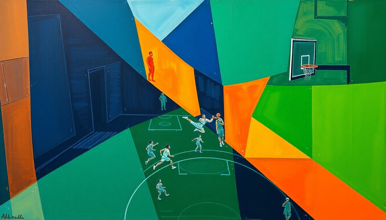 A cubist, geometric painting depicting fragmented basketball players and court lines in a palette of navy, green, and orange, conveying the fractured nature of the incident surrounding Jaden Ivey's release from the Bulls.