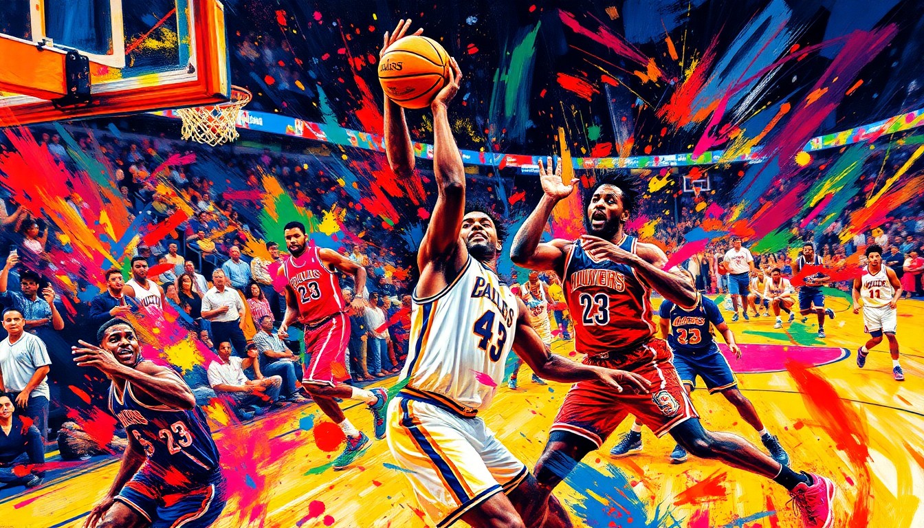 An abstract, expressionist painting in vibrant neon colors depicting the intense action and energy of an NBA basketball game, with players' forms dissolving into bold, gestural brushstrokes.