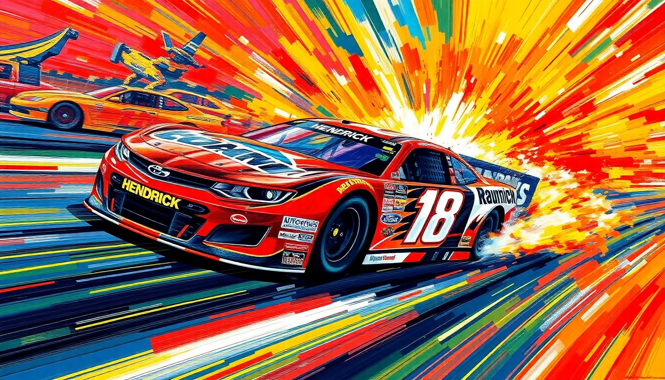A vibrant, expressionist painting depicting the intense energy and movement of a NASCAR race, with the Hendrick Motorsports car surging ahead of the pack in a blur of neon colors and rapid brushstrokes.