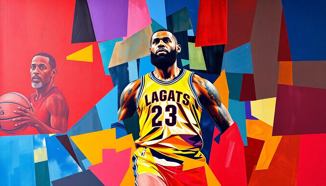 A fractured, multi-perspective painting featuring sharp, overlapping geometric planes in the team colors of the Lakers and Wizards, capturing the energy and movement of a basketball game without any identifiable players or logos.