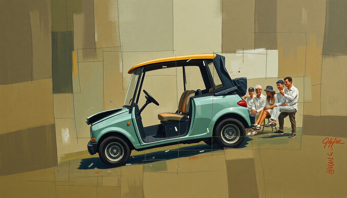 A fractured, geometric painting depicting a car crash scene, with sharp planes of muted earth tones and hints of red, conveying the chaotic and disorienting nature of the incident.