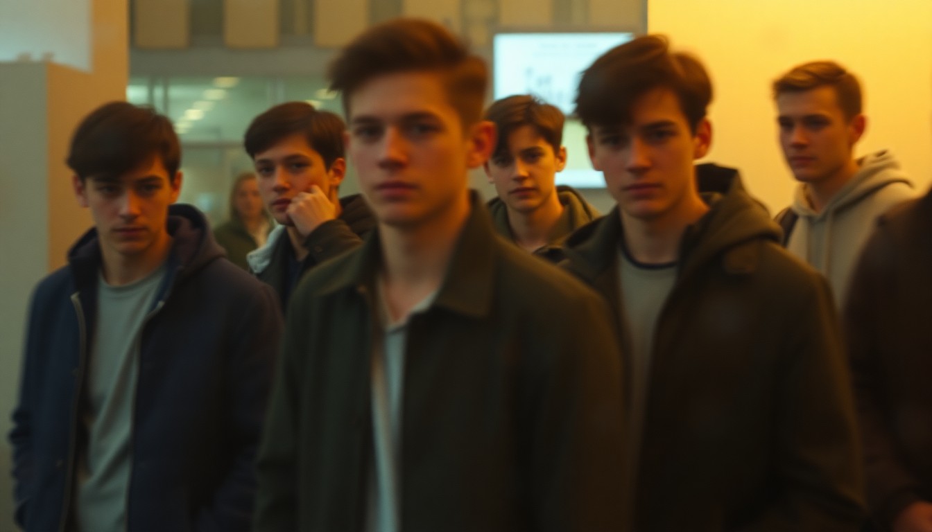 An abstract, out-of-focus photograph showing the blurred silhouettes of several young men in casual settings, with warm, hazy pools of color and light, conveying a sense of isolation and difficulty navigating the path to adulthood.