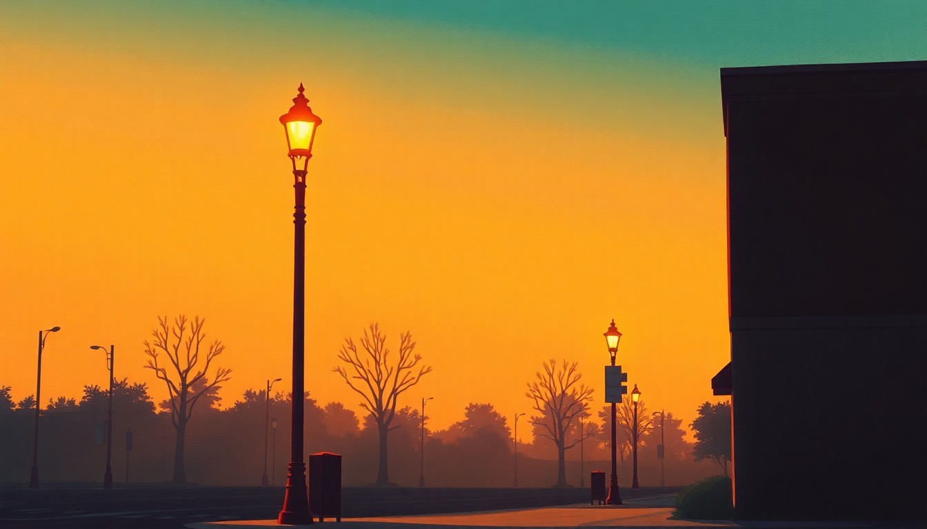 A serene, nostalgic painting of a single street lamp post on a quiet Columbus street, with warm sunlight and deep shadows casting a contemplative mood.
