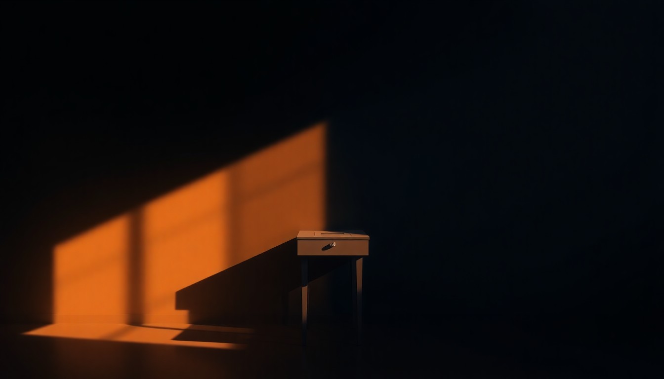 A photorealistic painting of a lone voting booth in a dimly lit room, with warm sunlight streaming in through a window and casting deep shadows across the scene, conveying a sense of contemplation and civic duty.