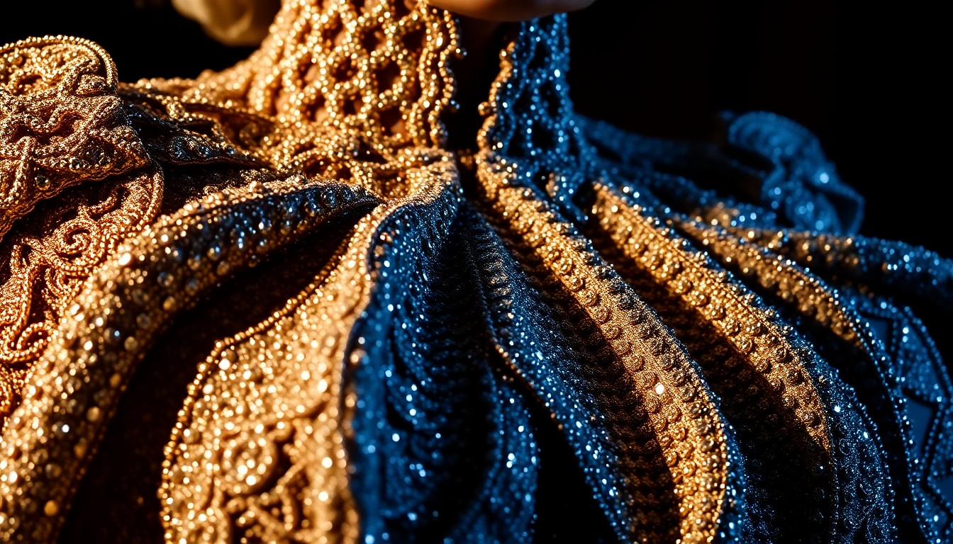 An extreme close-up photograph of a shimmering, jewel-encrusted opera costume, capturing the luxurious textures and dramatic lighting that define the grandeur of the Metropolitan Opera stage.