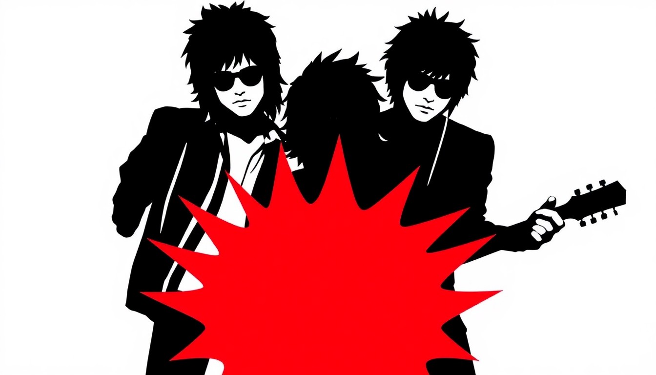 A bold, abstract illustration featuring stark, jagged geometric shapes and heavy black silhouettes in high-contrast red and white, conceptually representing the raw, rebellious spirit of the Ramones and the birth of punk rock.
