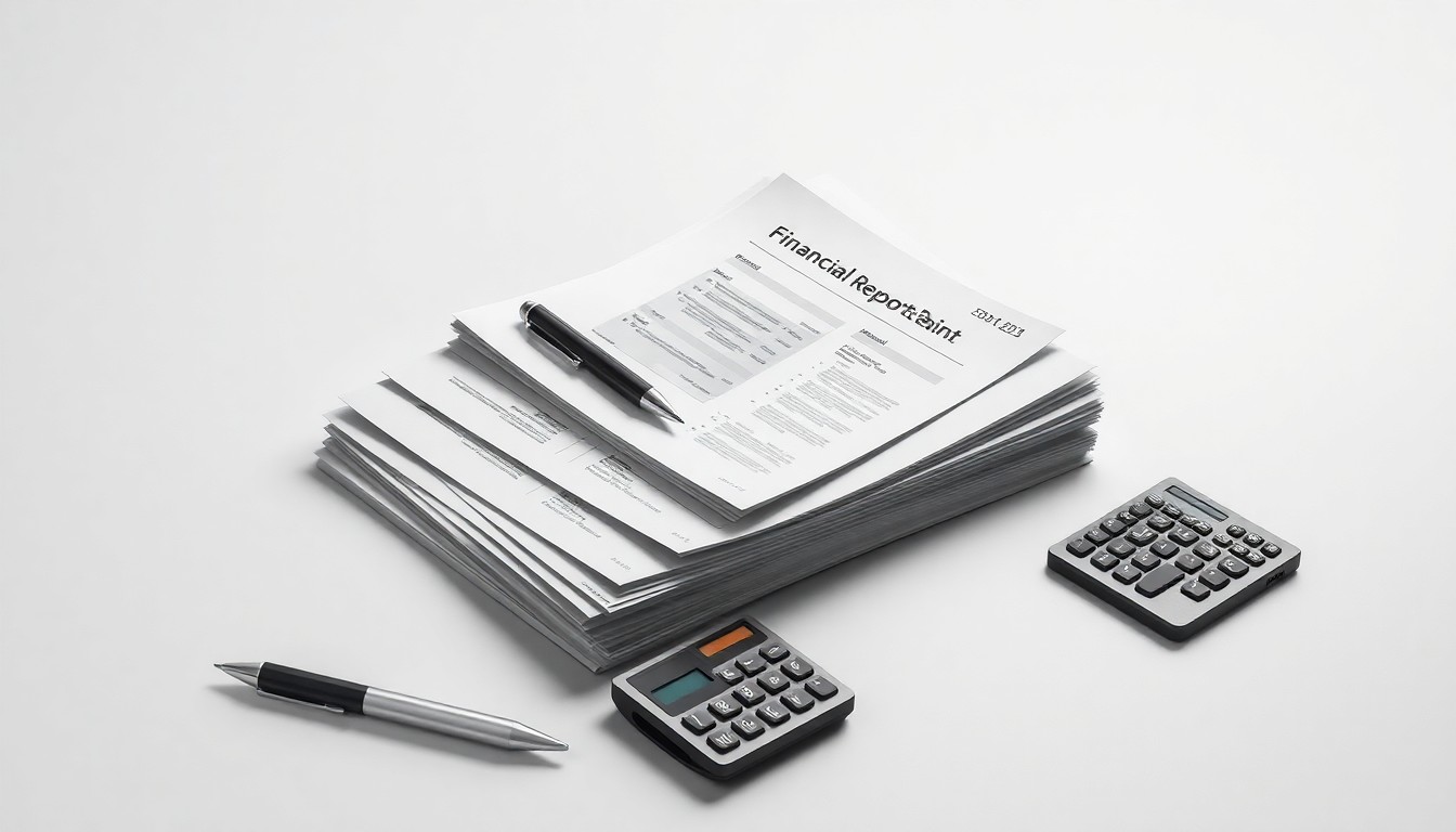 A photorealistic studio still-life image featuring a stack of financial reports, a pen, and a calculator arranged on a clean, monochromatic background, conceptually representing the abstract ideas of corporate finance and market performance.