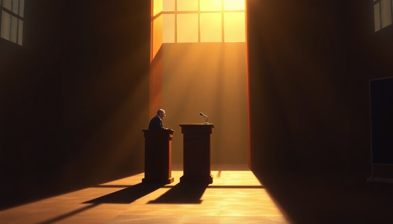 A dimly lit, cinematic painting depicting a solitary political symbol or figure, such as a gavel or podium, bathed in warm, diagonal sunlight and deep shadows, conveying a sense of contemplation and uncertainty about the evolving political landscape.