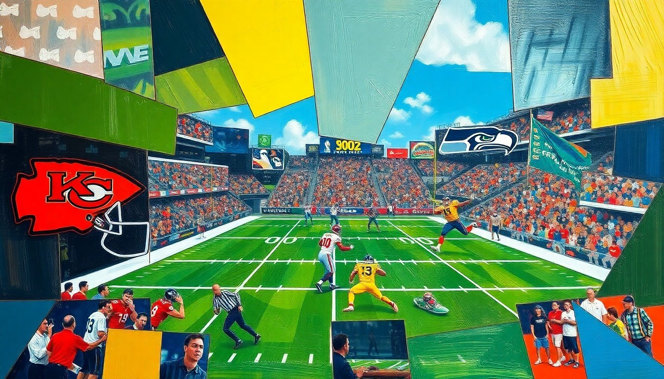A cubist, geometric painting depicting a fractured, multi-angle view of a football game, with sharp planes of color representing the players and field, conceptually illustrating the complex factors behind the NFL's scheduling decisions.
