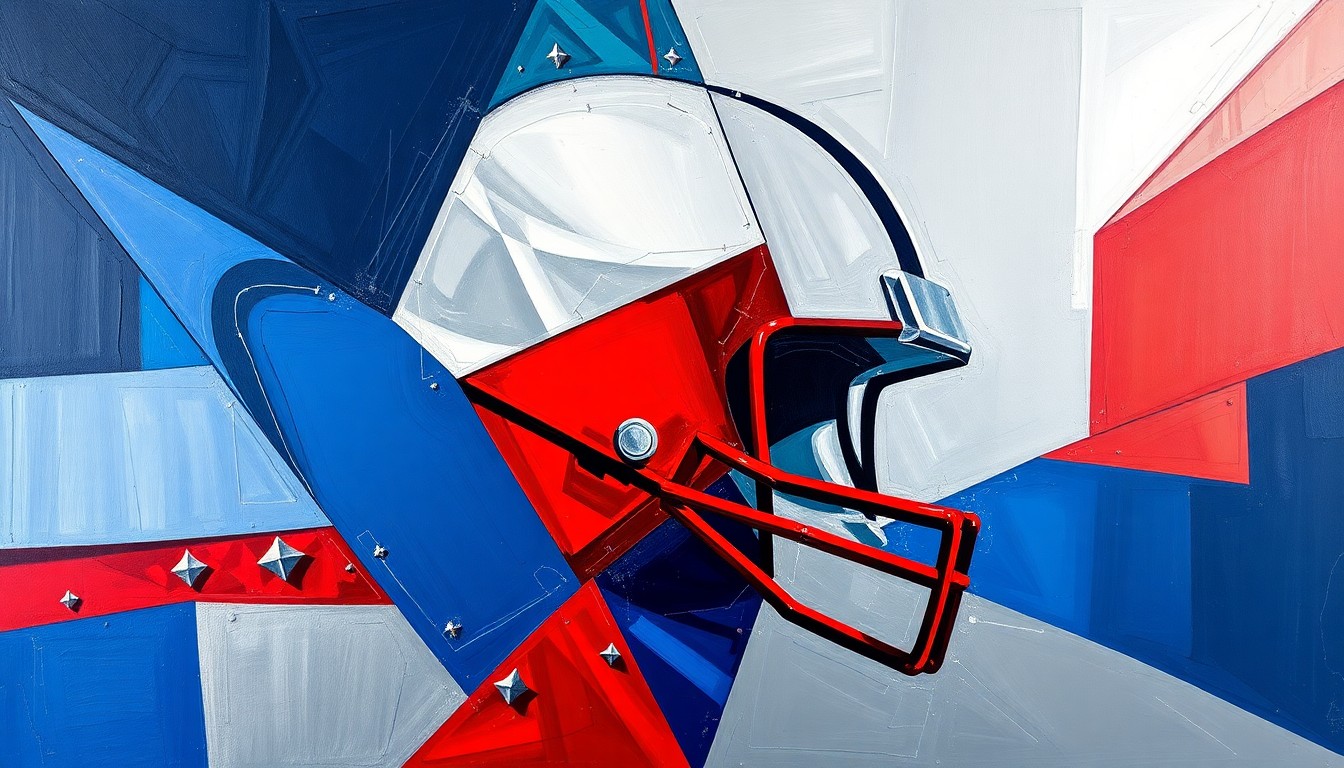 A fragmented, cubist-style painting depicting various football elements like players, plays, and scouting, rendered in a geometric, abstract style with bold colors.