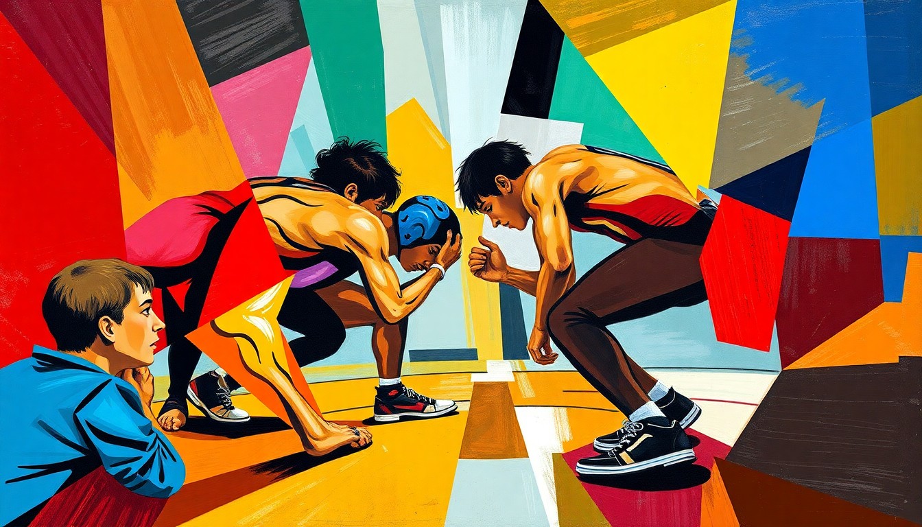 A fragmented, geometric painting depicting the intense action of a wrestling match, with sharp, overlapping shapes and planes in the team colors of the competing schools.