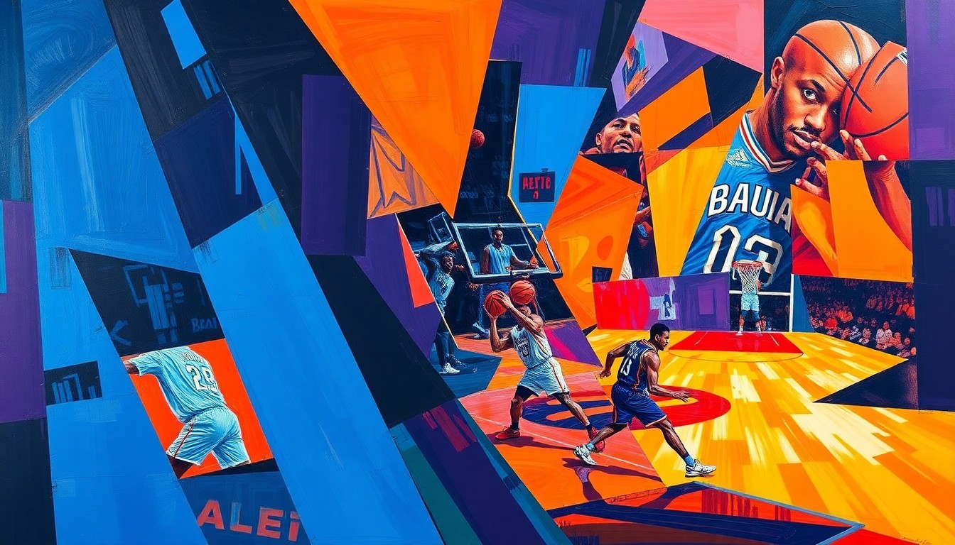 A cubist-style painting featuring fragmented, geometric shapes in bright colors that capture the dynamic movement and energy of a basketball game, with Olivier Rioux's dominant figure at the center.