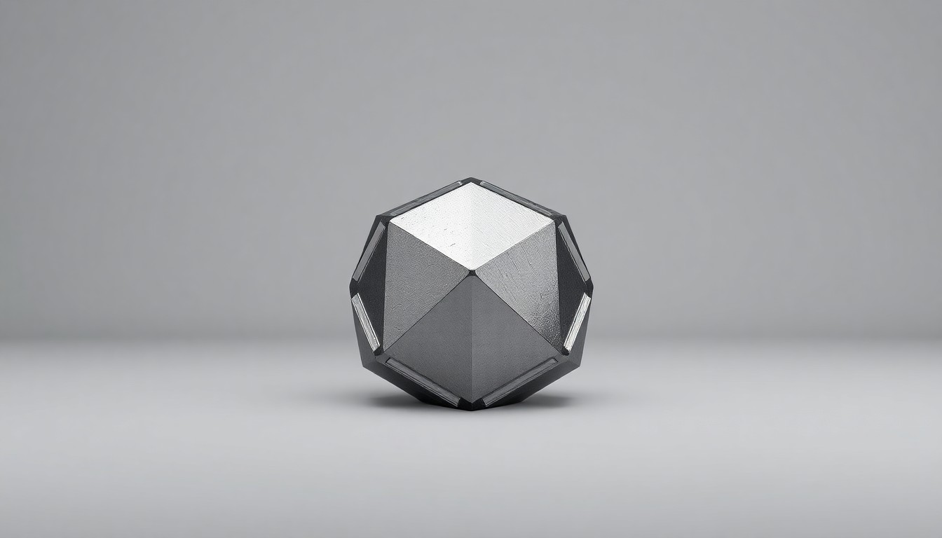 A photorealistic studio still-life image featuring a polished, geometric metal object representing a critical mineral refining process, arranged elegantly on a clean, monochromatic background with dramatic lighting and shadows, conceptually illustrating the abstract themes of corporate strategy, finance, and supply chain resilience.