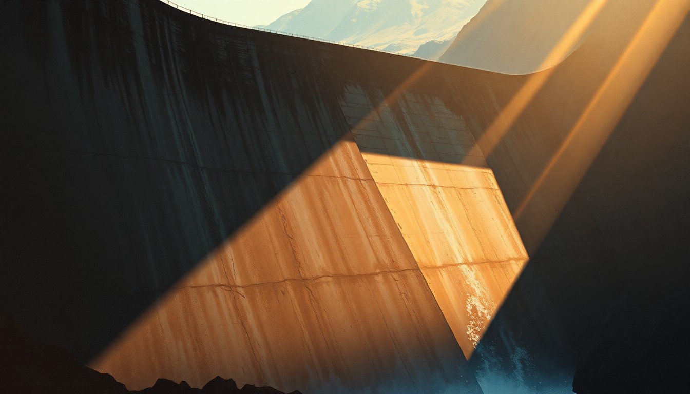 A photorealistic painting of an old, concrete dam wall and spillway partially obscured by shadows, with sunlight casting a warm glow on the weathered surface, conveying a sense of aging infrastructure in need of repair.