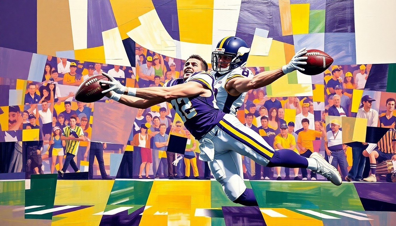 A fragmented, geometric painting depicting a Minnesota Vikings receiver catching a long pass, the player's form broken down into sharp, overlapping planes of purple, gold, and white.
