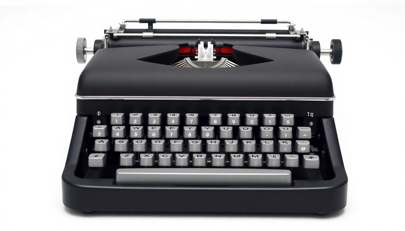 An extreme close-up of a vintage manual typewriter in matte black and silver, with clean geometric lines and subtle metallic accents, conceptually illustrating the analog tools used to engage students in a more thoughtful writing process.
