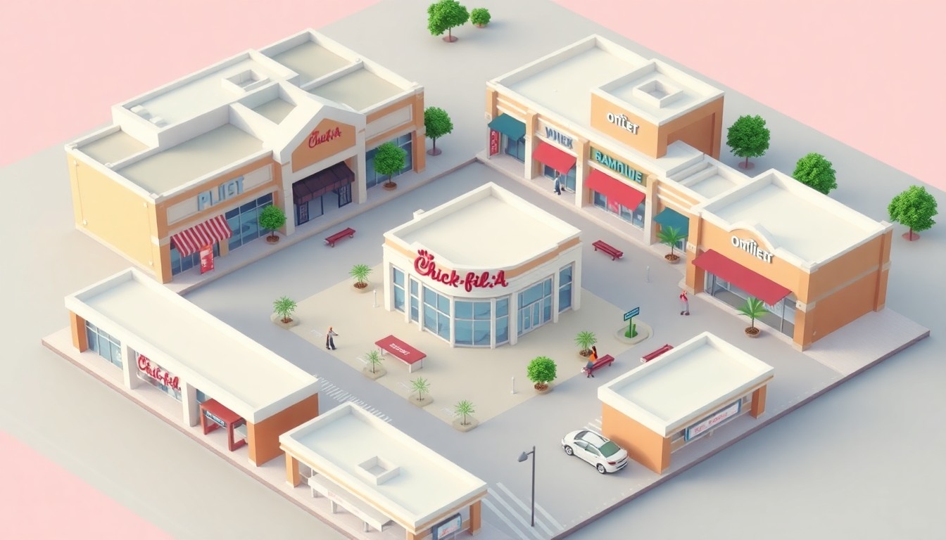A colorful, minimalist 3D illustration depicting the Gloucester Premium Outlets shopping complex, with a prominent Chick-fil-A restaurant in the center, conveying the vibrant retail environment and new dining option for visitors.