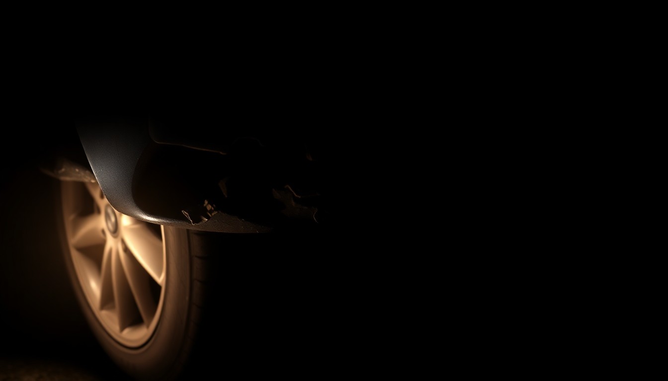 An extreme close-up of a damaged car bumper and tire, reflecting the harsh, gritty aftermath of a parking lot collision.
