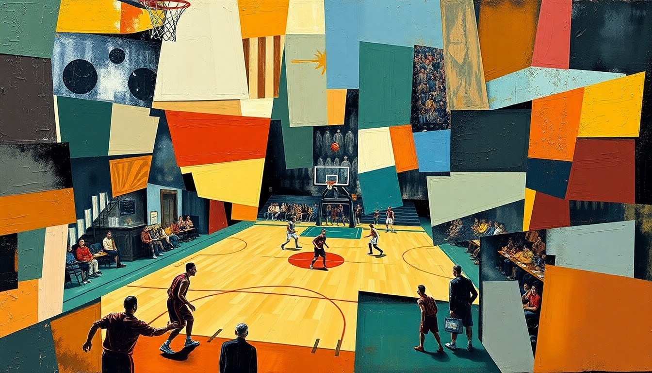 A cubist, geometric painting depicting a basketball game broken down into overlapping planes of color and shape, capturing the fractured energy and multiple perspectives of the sport.