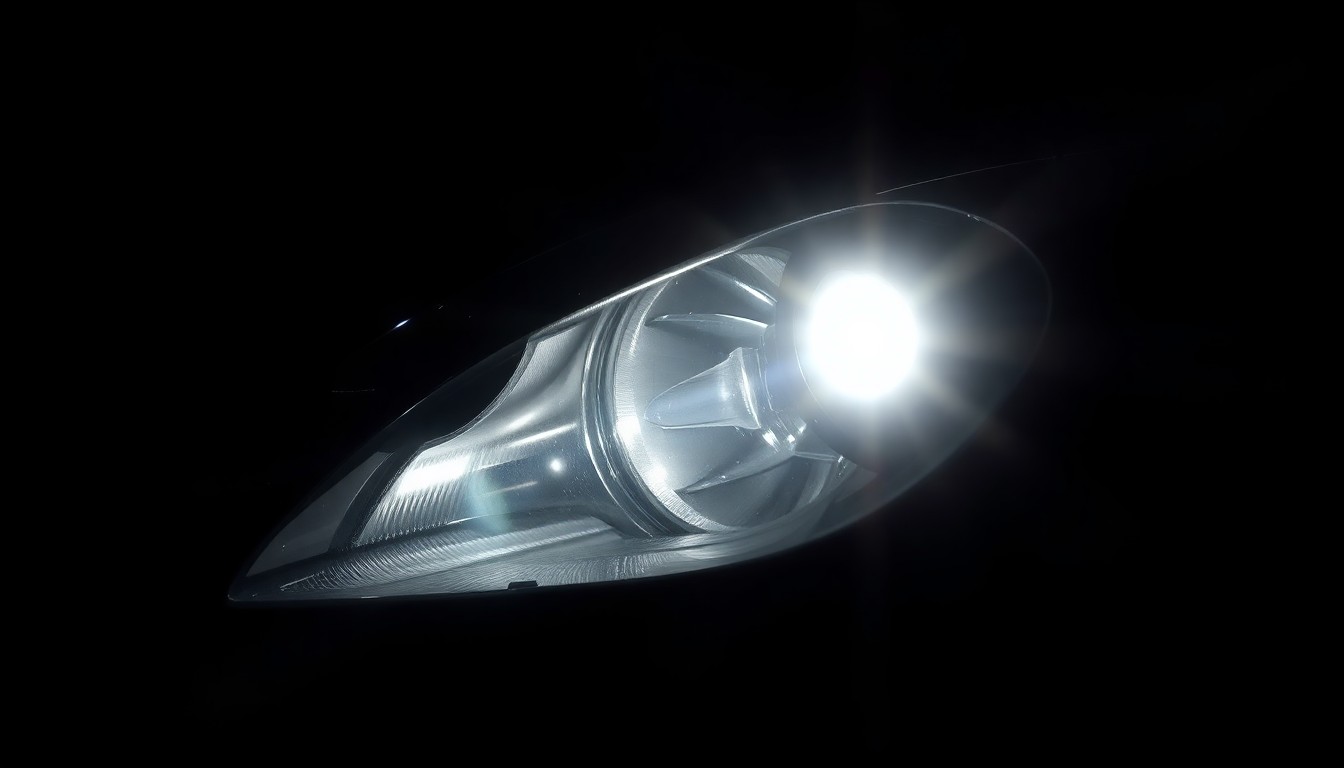 An extreme close-up photograph of a damaged car part, such as a headlight or side mirror, lit by a harsh, direct camera flash against a pitch-black background, conceptually illustrating the impact of winter weather on vehicle safety.