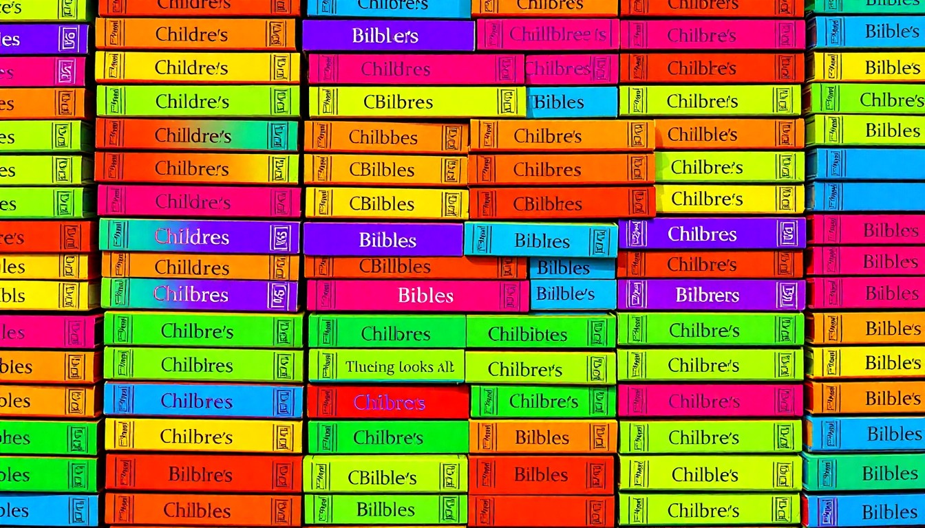 A brightly colored, high-contrast silkscreen print of a stack of colorful children's Bibles repeated in a tight grid pattern, conceptually representing the growth of faith-based education programs in public schools.