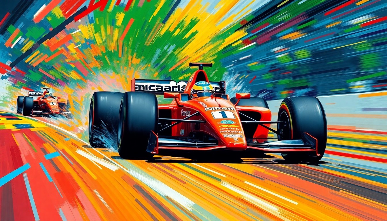 An abstract, energetic painting featuring a McLaren Formula 1 car surging forward amidst a vibrant blur of neon colors and expressive brushstrokes, capturing the raw power and excitement of motorsports.