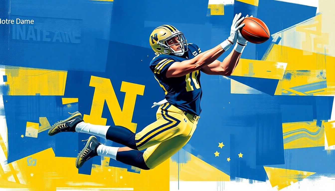 A cubist, geometric painting depicting a Notre Dame football player making a catch, with the player's form broken down into overlapping planes of navy blue and gold.