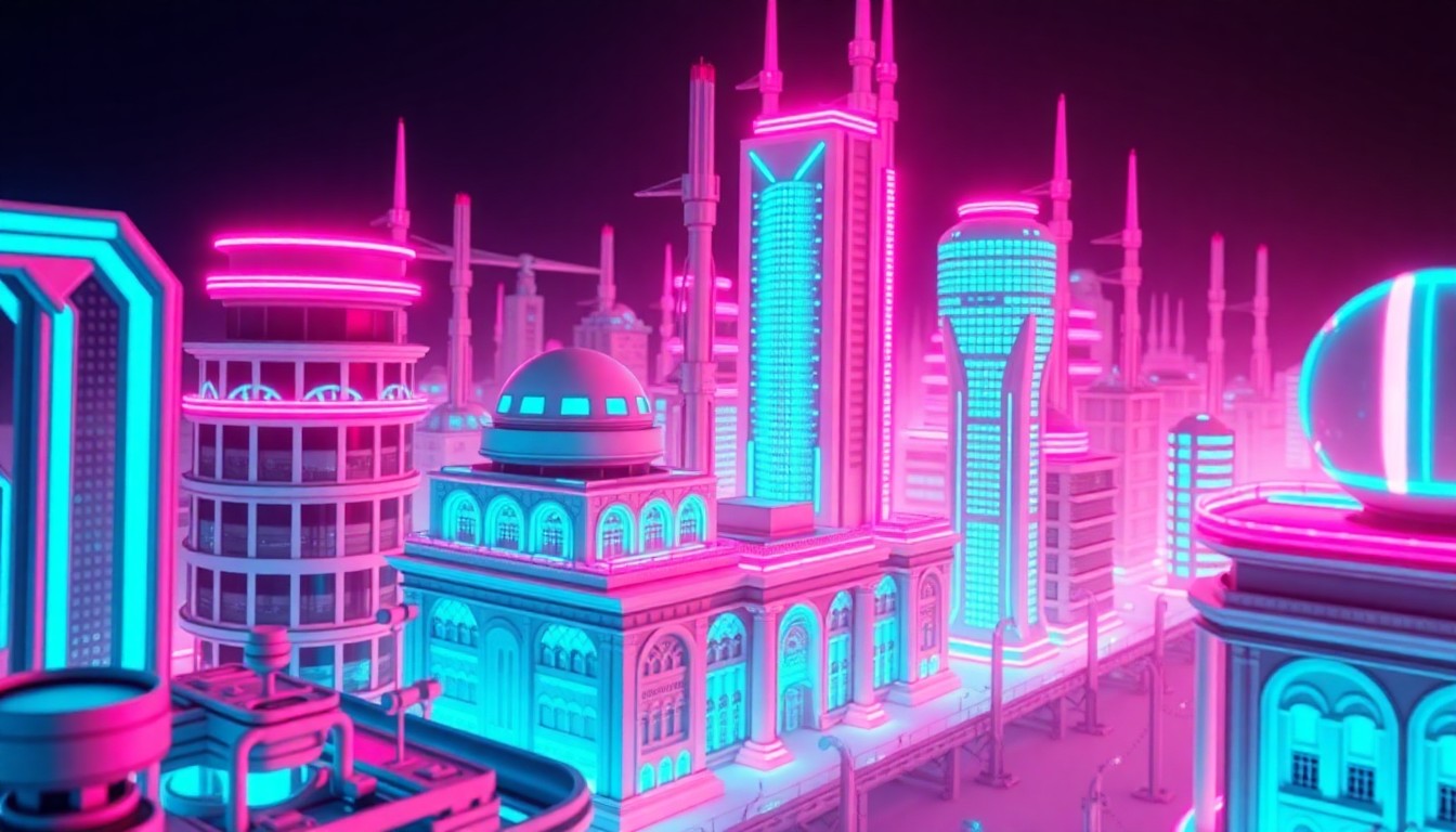 A highly detailed, glowing 3D illustration depicting futuristic Middle Eastern architecture and infrastructure, with intricate patterns and shapes illuminated by vibrant neon lights. The image conveys a sense of technological advancement and regional ambition, but also hints at the underlying geopolitical tensions that could disrupt this vision.