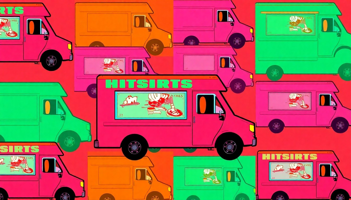 A vibrant, abstract silkscreen illustration featuring a repeated icon of a food truck in a grid pattern, using bold, neon-like colors and heavy black outlines to capture the lively atmosphere of a downtown food truck event.