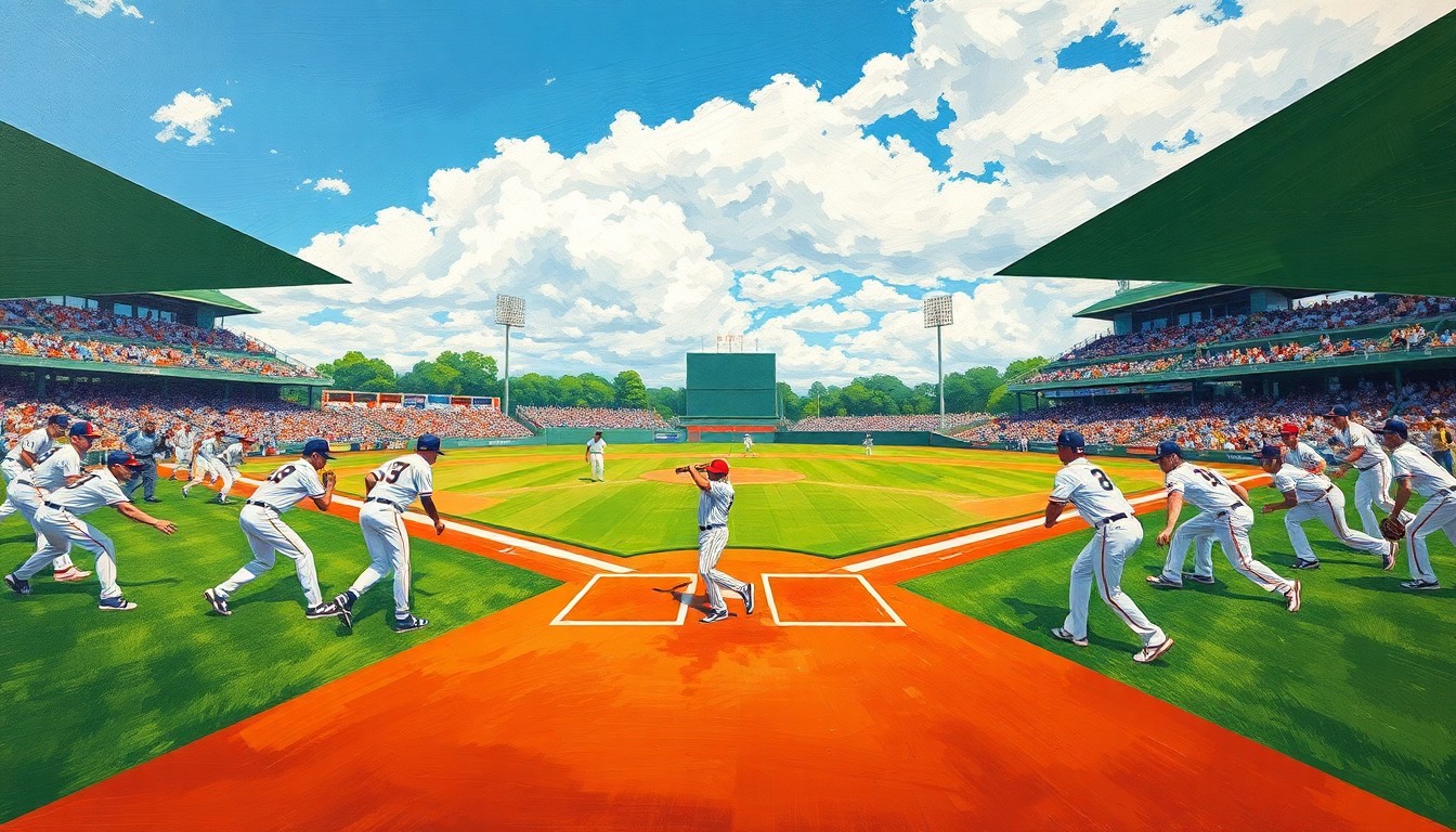 A cubist, geometric painting depicting a college baseball game, with the field, players, and sky broken down into sharp, overlapping planes of color and shape.