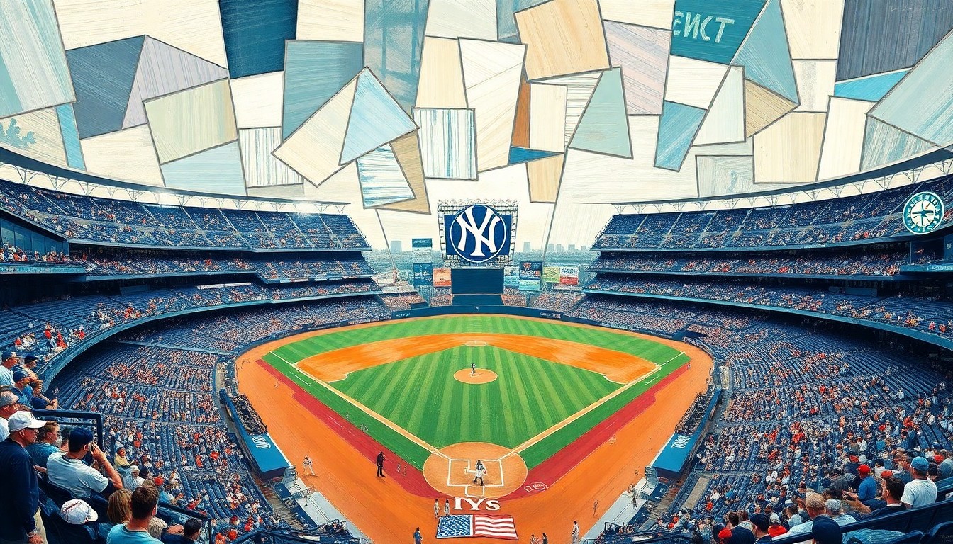 A fragmented, geometric painting depicting a baseball game in motion, with players and field elements broken down into sharp, overlapping shapes and planes in a cubist style.