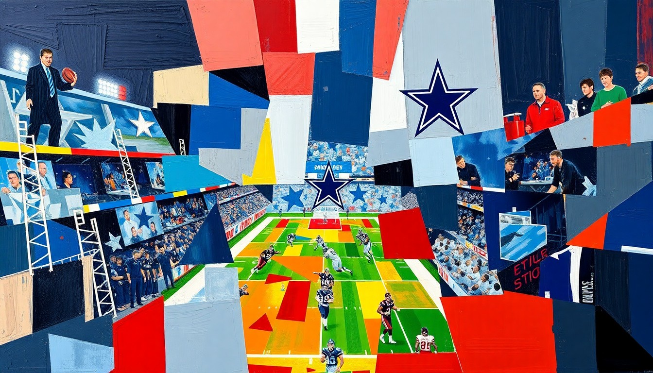 A cubist, geometric painting depicting fragmented football players and draft prospects in the colors of the Dallas Cowboys, representing the team's focus on improving their defense through the upcoming draft.