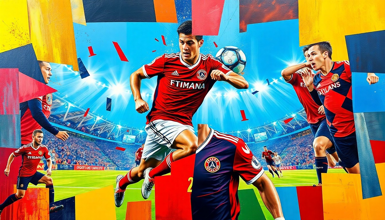 A fragmented, cubist-style painting depicting the dynamic action of a soccer match, with overlapping geometric shapes in shades of red, blue, and gold representing the players and movement on the field.