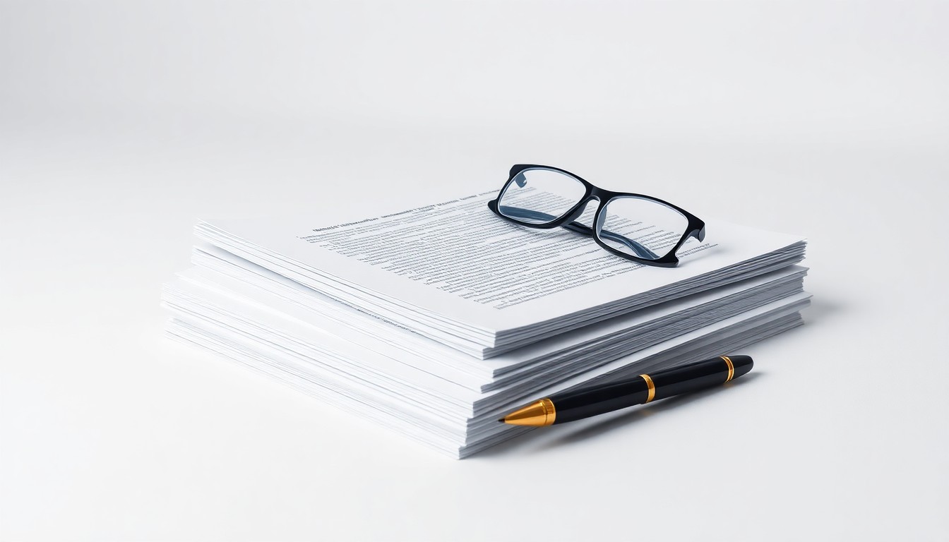 A high-end, photorealistic studio still-life featuring a stack of legal documents, a fountain pen, and a pair of eyeglasses arranged elegantly on a clean, monochromatic background, conceptually representing the strategic legal guidance and expertise that Wilson Sonsini provides to its clients.