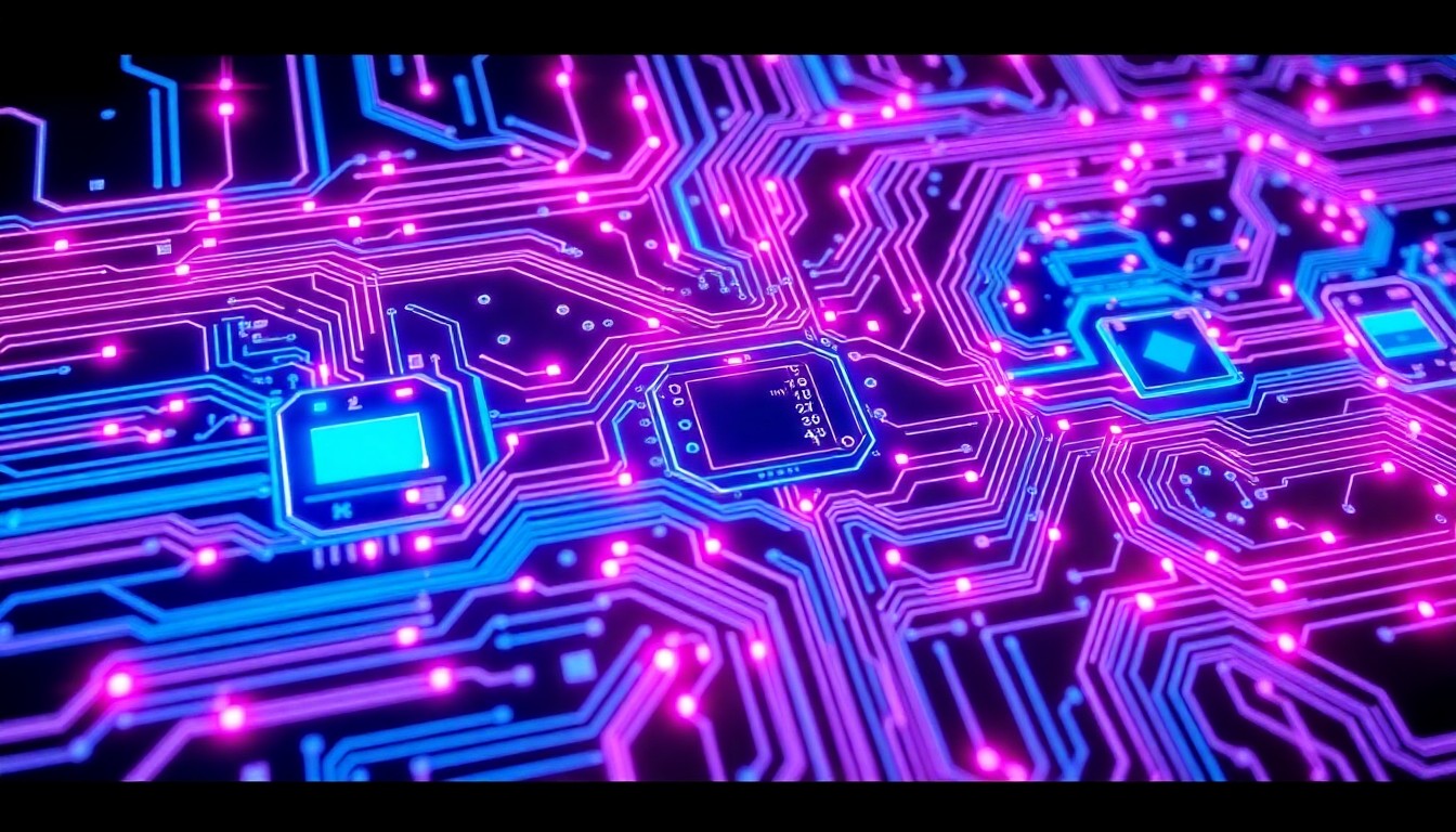 A highly detailed, glowing 3D illustration of a complex circuit board with intricate patterns of neon cyan and magenta lights, conceptually representing the advanced technology infrastructure that enables Premier Tech to effectively manage its intellectual property worldwide.