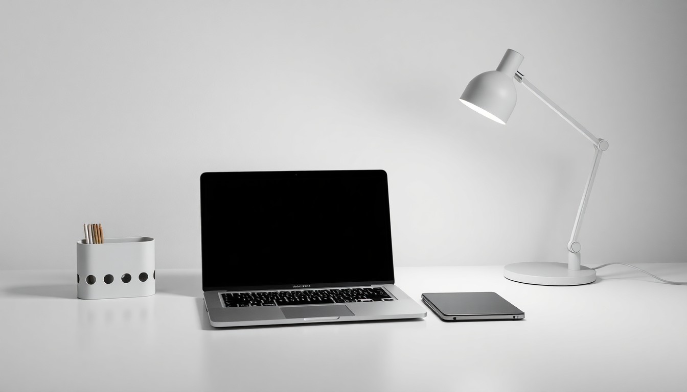 A high-end, photorealistic studio still-life photograph featuring a sleek, modern laptop computer, a stylized desk organizer, and a minimalist desk lamp on a clean, monochromatic background, conceptually representing the business of environmental, health and safety software.