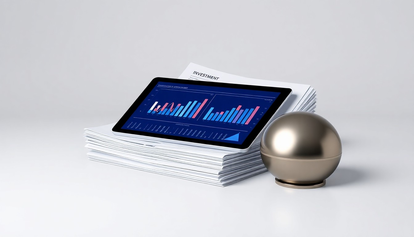 A photorealistic studio still-life featuring a stack of financial reports, a tablet displaying investment analytics, and a polished metal paperweight, symbolizing the modernization of investment operations through integrated data and technology.